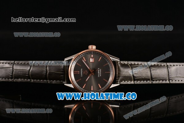 Tag Heuer Carrera Calibre 5 Automatic Swiss ETA 2824 Automatic Steel Case with Grey Dial Stick Markers and Rose Gold Bezel - Click Image to Close